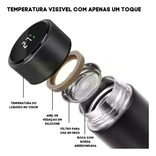 Garrafa Térmica Em Aço Inox Com Termômetro Led Digital 500ml Cor Preto - Imagem 5